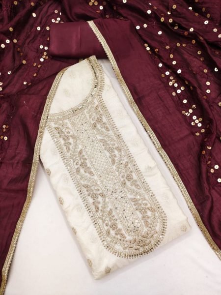 Classy White Banarasi Silk Suit Material with Sequins Work Punjabi Dress Materials Wholesale
