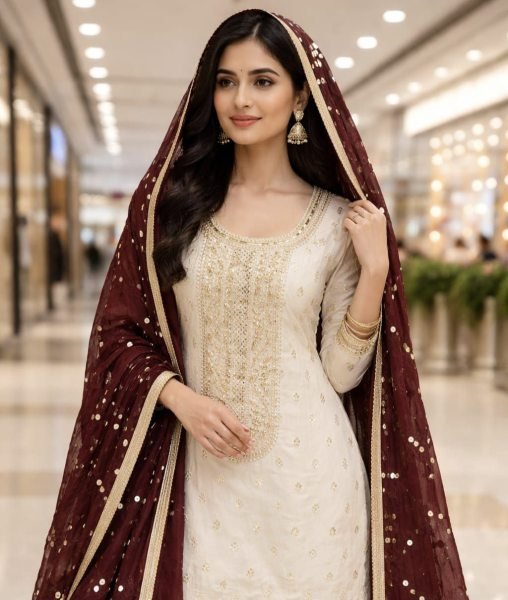 Classy White Banarasi Silk Suit Material with Sequins Work Punjabi Dress Materials Wholesale