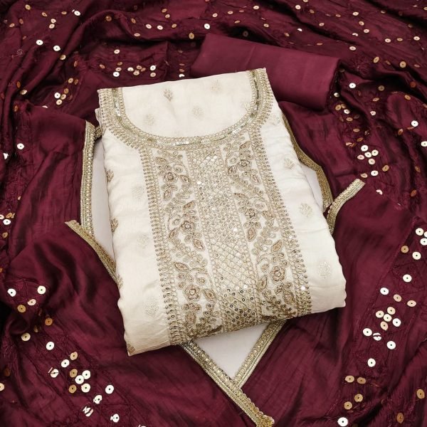 Classy White Banarasi Silk Suit Material with Sequins Work Punjabi Dress Materials Wholesale