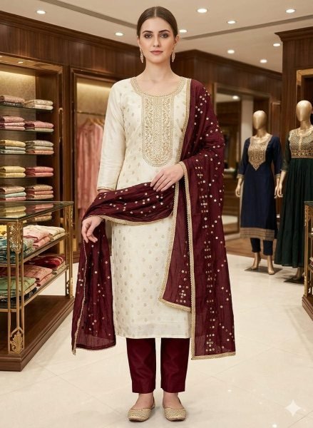 Classy White Banarasi Silk Suit Material with Sequins Work Punjabi Dress Materials Wholesale
