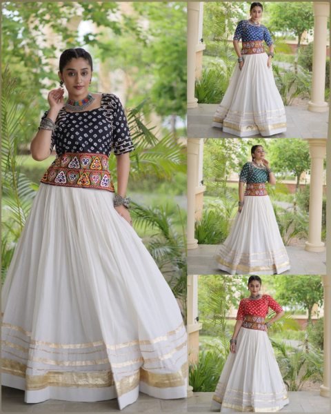 Classy White Black Cora Cotton Lehenga Blouse Set with Gota Patti Work Navratri Lehnega Choli