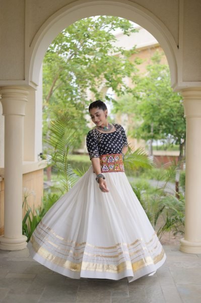 Classy White Black Cora Cotton Lehenga Blouse Set with Gota Patti Work Navratri Lehnega Choli