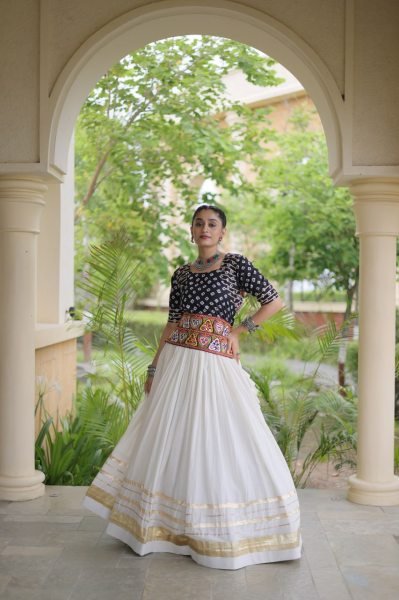 Classy White Black Cora Cotton Lehenga Blouse Set with Gota Patti Work Navratri Lehnega Choli