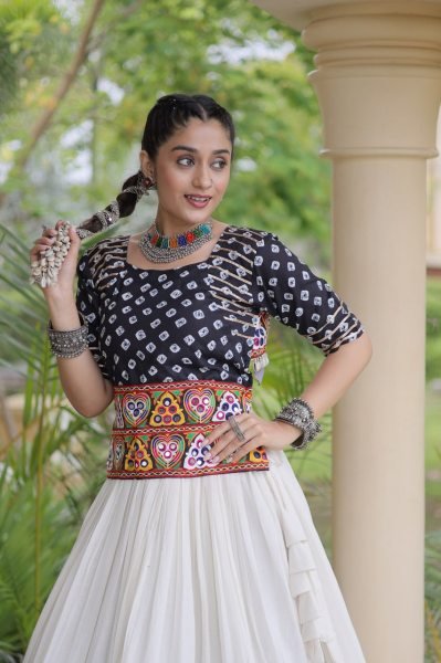 Classy White Black Cora Cotton Lehenga Blouse Set with Gota Patti Work Navratri Lehnega Choli