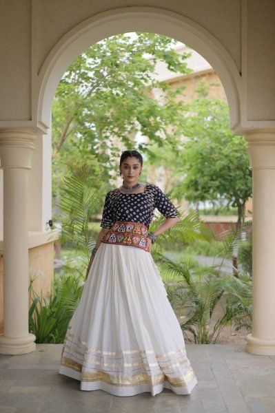 Classy White Black Cora Cotton Lehenga Blouse Set with Gota Patti Work Navratri Lehnega Choli