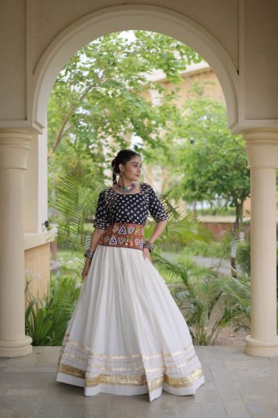 Classy White Black Cora Cotton Lehenga Blouse Set with Gota Patti Work Navratri Lehnega Choli