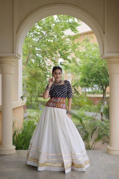 Classy White Black Cora Cotton Lehenga Blouse Set with Gota Patti Work Navratri Lehnega Choli