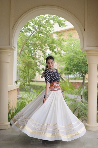 Classy White Black Cora Cotton Lehenga Blouse Set with Gota Patti Work Navratri Lehnega Choli