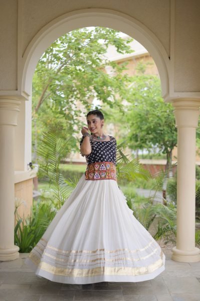 Classy White Black Cora Cotton Lehenga Blouse Set with Gota Patti Work Navratri Lehnega Choli