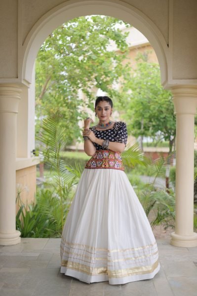 Classy White Black Cora Cotton Lehenga Blouse Set with Gota Patti Work Navratri Lehnega Choli