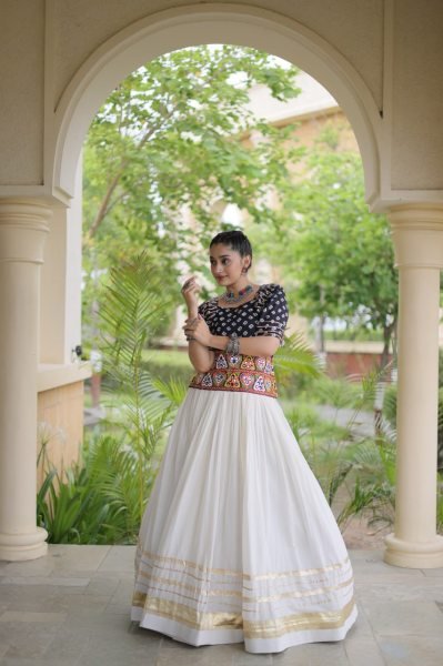 Classy White Black Cora Cotton Lehenga Blouse Set with Gota Patti Work Navratri Lehnega Choli