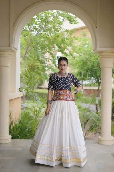 Classy White Black Cora Cotton Lehenga Blouse Set with Gota Patti Work Navratri Lehnega Choli
