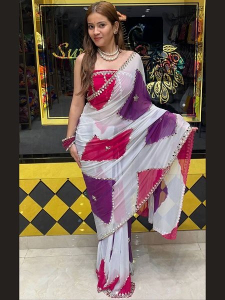 Classy White Faux Georgette Saree with Digital Print Embroidery and Real Mirror Work Georgette Sarees Wholesale