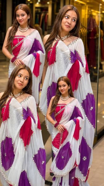 Classy White Faux Georgette Saree with Digital Print Embroidery and Real Mirror Work Georgette Sarees Wholesale