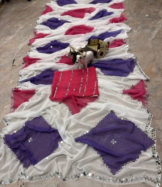Classy White Faux Georgette Saree with Digital Print Embroidery and Real Mirror Work Georgette Sarees Wholesale