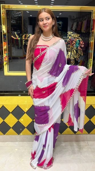 Classy White Faux Georgette Saree with Digital Print Embroidery and Real Mirror Work Georgette Sarees Wholesale