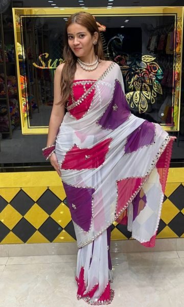 Classy White Faux Georgette Saree with Digital Print Embroidery and Real Mirror Work Georgette Sarees Wholesale