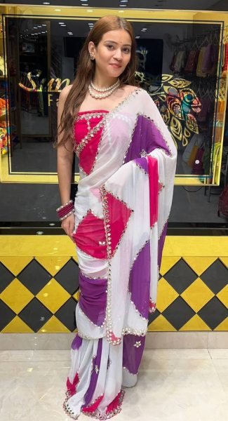 Classy White Faux Georgette Saree with Digital Print Embroidery and Real Mirror Work Georgette Sarees Wholesale