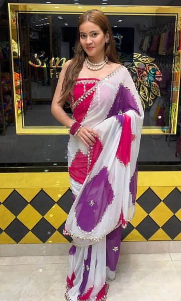 Classy White Faux Georgette Saree with Digital Print Embroidery and Real Mirror Work Georgette Sarees Wholesale