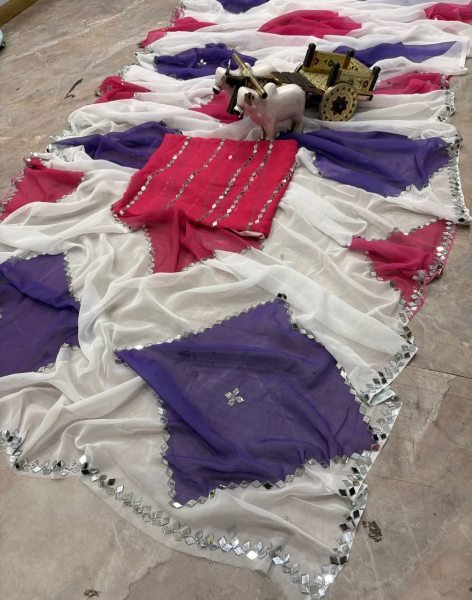 Classy White Faux Georgette Saree with Digital Print Embroidery and Real Mirror Work Georgette Sarees Wholesale
