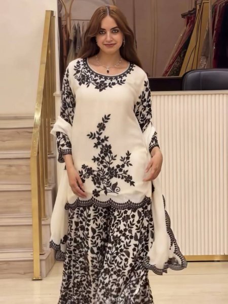 Classy White Heavy Faux Georgette Traditional Suit Set with Rich Embroidery Work with Diamond Hand Work Detailing Ready To Wear Suit