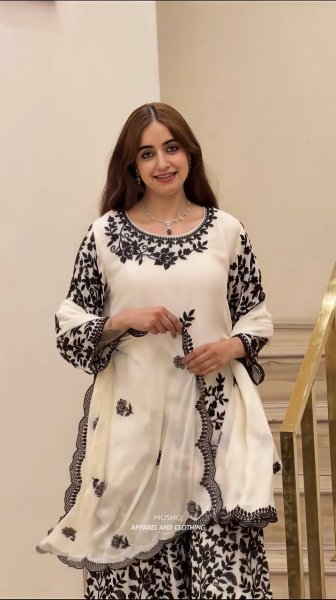 Classy White Heavy Faux Georgette Traditional Suit Set with Rich Embroidery Work with Diamond Hand Work Detailing Ready To Wear Collection