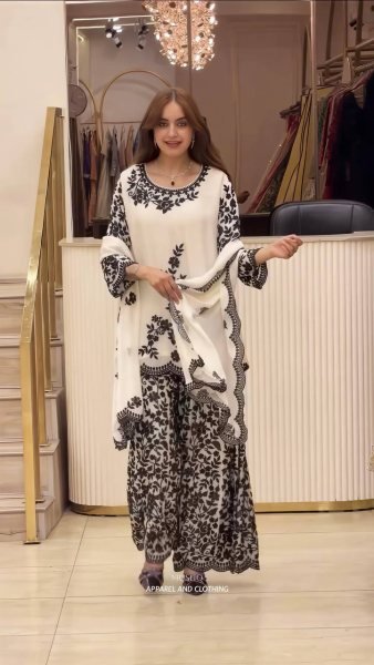 Classy White Heavy Faux Georgette Traditional Suit Set with Rich Embroidery Work with Diamond Hand Work Detailing Ready To Wear Collection
