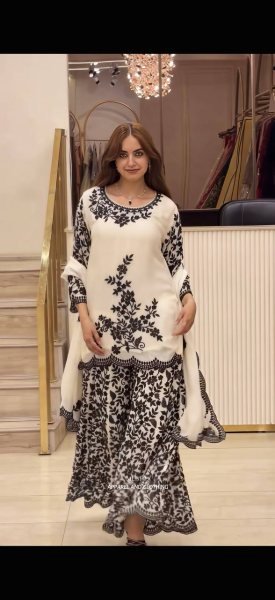 Classy White Heavy Faux Georgette Traditional Suit Set with Rich Embroidery Work with Diamond Hand Work Detailing Ready To Wear Collection
