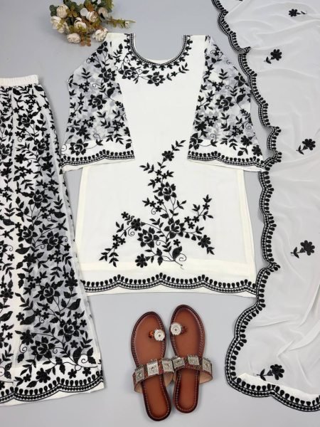 Classy White Heavy Faux Georgette Traditional Suit Set with Rich Embroidery Work with Diamond Hand Work Detailing Ready To Wear Collection
