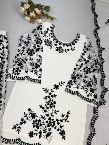 Classy White Heavy Faux Georgette Traditional Suit Set with Rich Embroidery Work with Diamond Hand Work Detailing Ready To Wear Collection