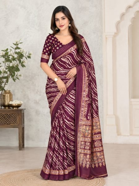 Classy Wine Cotton Slub Leheriya Print Saree with Zari and Pearl Border Sarees 
