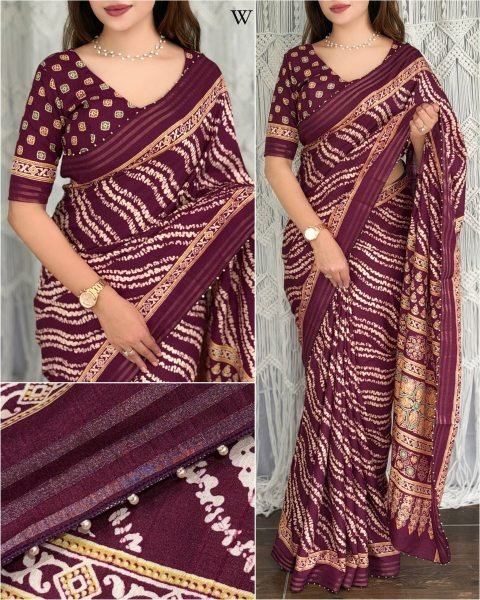 Classy Wine Cotton Slub Leheriya Print Saree with Zari and Pearl Border Printed Cotton Sarees Wholesale