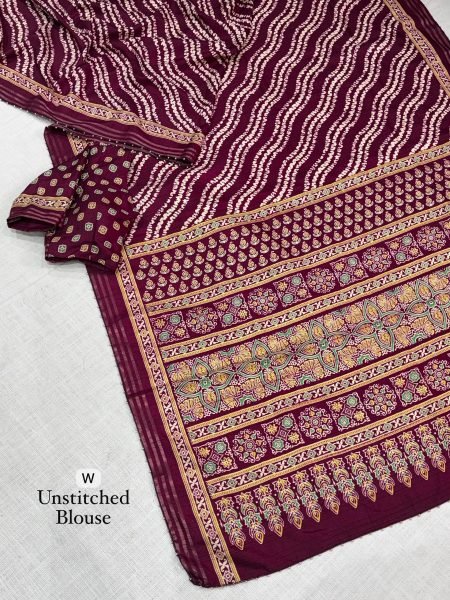 Classy Wine Cotton Slub Leheriya Print Saree with Zari and Pearl Border Printed Cotton Sarees Wholesale