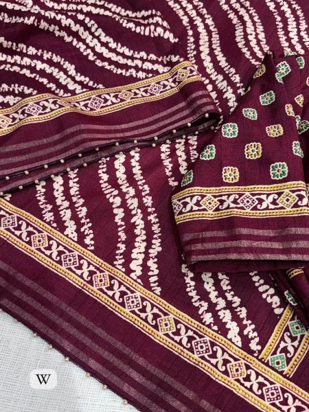 Classy Wine Cotton Slub Leheriya Print Saree with Zari and Pearl Border Printed Cotton Sarees Wholesale