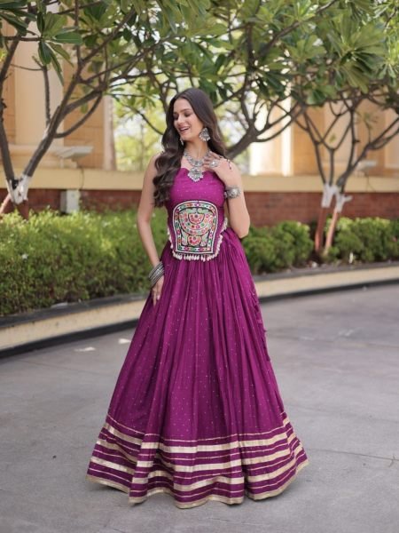Classy Wine Designer Garba Wear Reyon Lehenga Choli with 4.5 Meter Flare at Factory Price  Lehenga