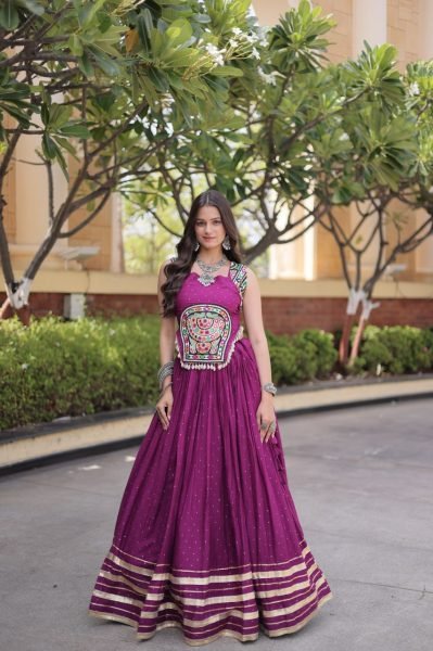 Classy Wine Designer Garba Wear Reyon Lehenga Choli with 4.5 Meter Flare at Factory Price Navratri Lehnega Choli