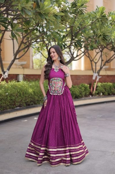 Classy Wine Designer Garba Wear Reyon Lehenga Choli with 4.5 Meter Flare at Factory Price Navratri Lehnega Choli