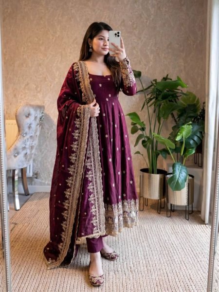 Classy Wine Premium Embroidered Gown with Dupatta and Pant Set for Party Wear Ready To Wear Suit
