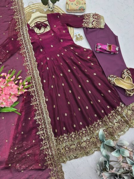 Classy Wine Premium Embroidered Gown with Dupatta and Pant Set for Party Wear Ready To Wear Collection