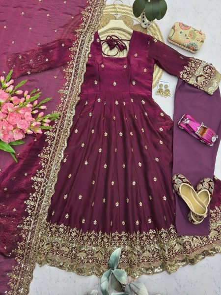 Classy Wine Premium Embroidered Gown with Dupatta and Pant Set for Party Wear Ready To Wear Collection