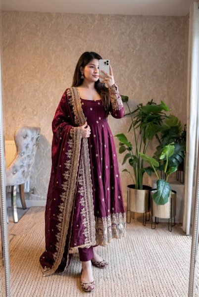 Classy Wine Premium Embroidered Gown with Dupatta and Pant Set for Party Wear Ready To Wear Collection