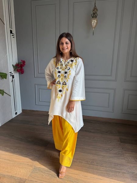 Classy Yellow Fully Stitched Crepe Top and Farshi Salwar Set at Manufacturer Rate CO ORD Sets