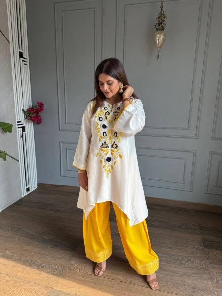 Classy Yellow Fully Stitched Crepe Top and Farshi Salwar Set at Manufacturer Rate CO ORD Sets