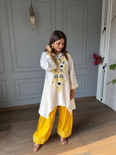 Classy Yellow Fully Stitched Crepe Top and Farshi Salwar Set at Manufacturer Rate CO ORD Sets