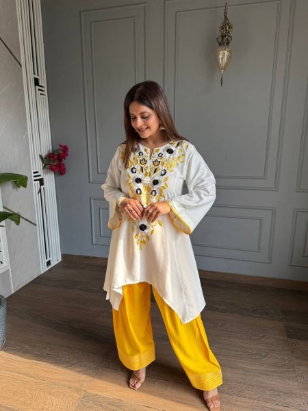 Classy Yellow Fully Stitched Crepe Top and Farshi Salwar Set at Manufacturer Rate CO ORD Sets