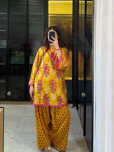 Classy Yellow Premium Natural Crepe Top Farshi Pant Co Ord Set for Women Ready To Wear Suit