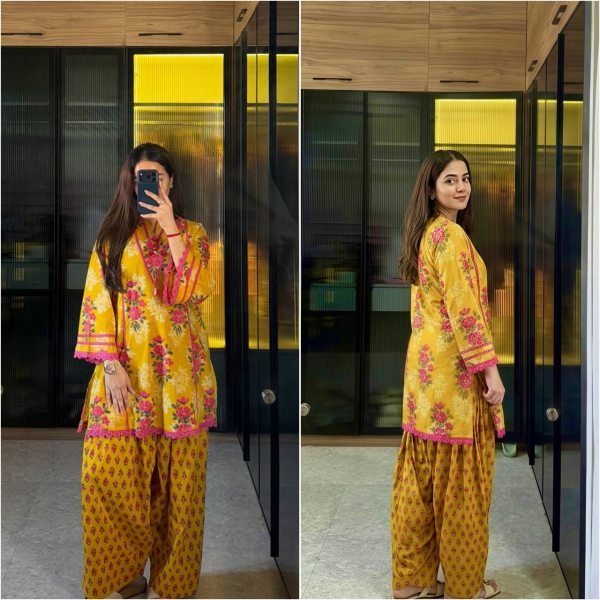 Classy Yellow Premium Natural Crepe Top Farshi Pant Co Ord Set for Women Ready To Wear Collection