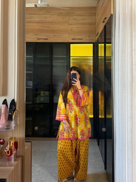 Classy Yellow Premium Natural Crepe Top Farshi Pant Co Ord Set for Women Ready To Wear Collection