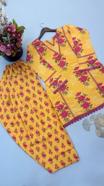 Classy Yellow Premium Natural Crepe Top Farshi Pant Co Ord Set for Women Ready To Wear Collection