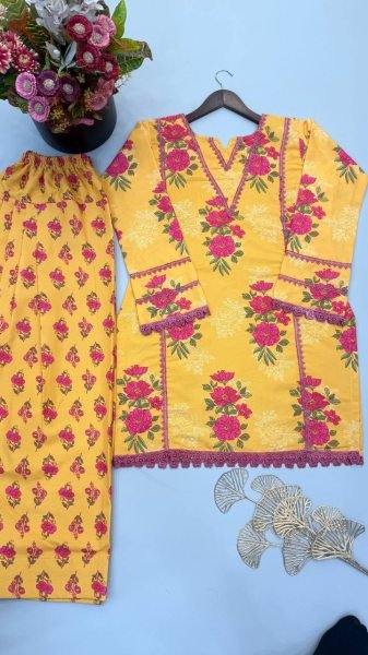 Classy Yellow Premium Natural Crepe Top Farshi Pant Co Ord Set for Women Ready To Wear Collection